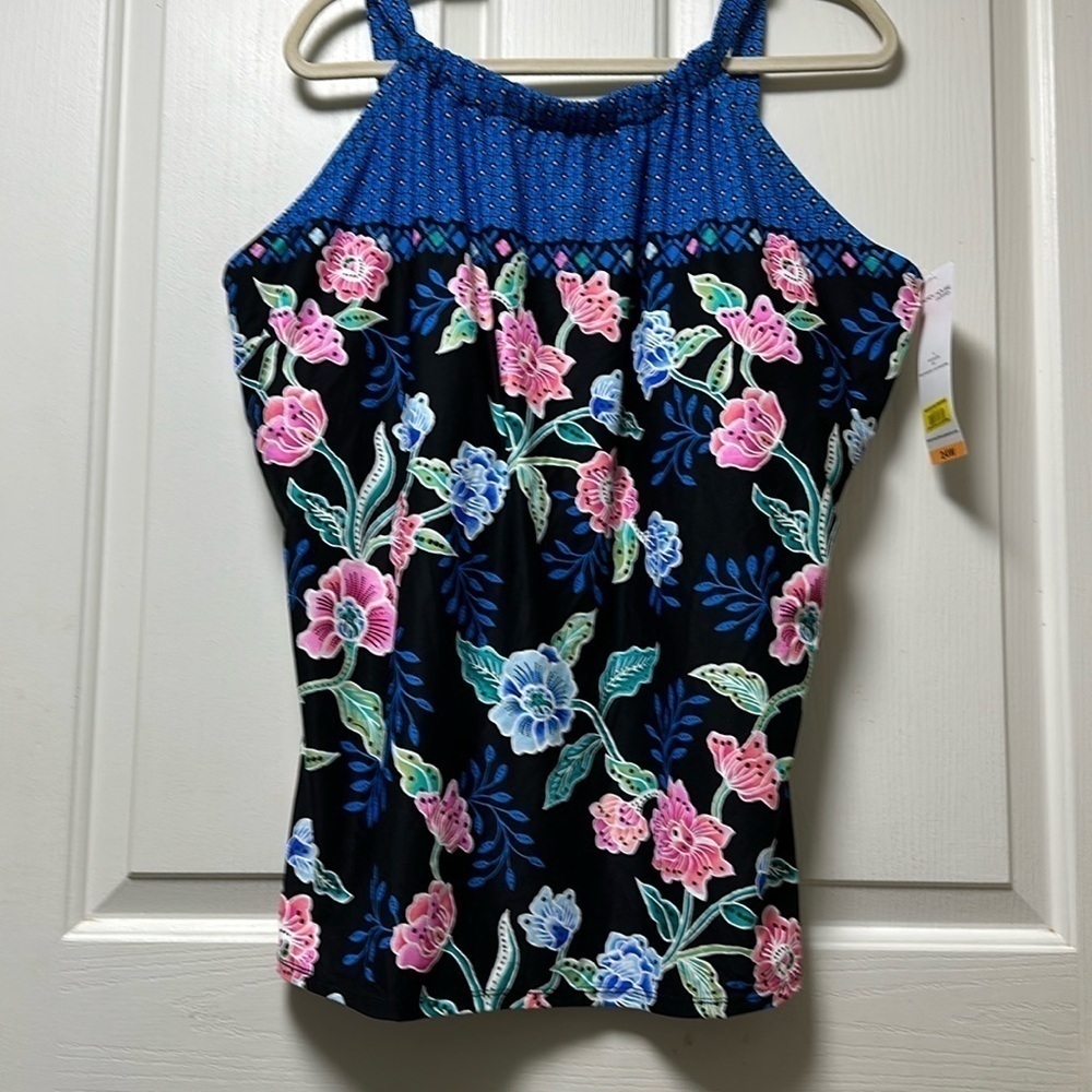 NWT BEACH HOUSE WOMAN Black Floral Tankini Top Sz 24W
